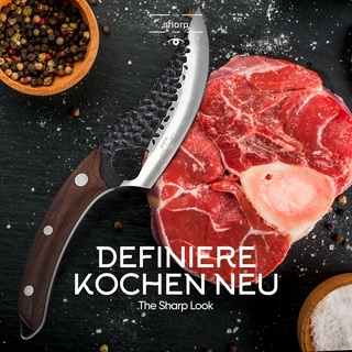 The Sharp Look Japanisches Messer mit Lederhülle Küchenmesser Scharf Wikinger Messer Hackmesser Outdoor für alle Zwecke, Handgeschmiedetes Japan Messer Fleischmesser Profi Damastmesser Grill Messer
