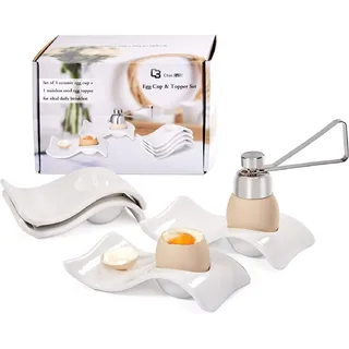 ChasBete Eierbecher Porzellan 4er Set, mit 1 Eierköpfer, Weiß | Eierbecher lustig, keramik, stapelbar, für hart und weichgekochten Eiern, spülmaschinenfest, Dekoration für Frühstück