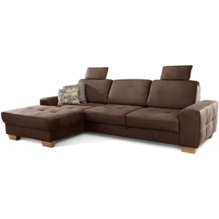 Cavadore Ecksofa Puccino mit Federkern, verstellbarer Sitztiefe und 2 Kopfstützen / Sofa in L-Form im Landhaus Design / 281 x 86 x 178 cm / Mikrofaser braun