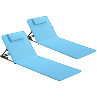 LARMNEE Strandstuhl, Sonnenliege, Strandmatte, Strandliege, 2er-Set, verstellbare Rückenlehne, Sonnenmatte, tragbare Liege, Oxford-Gewebe, für Camping, Garten, Blau EBU01TYP202