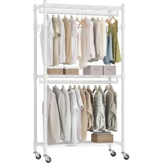 Doppelter Kleiderständer auf Rollen Schwerlast-Kleiderständer mit 2 Haken Höhenverstellbaren Regalen,Stabiler Metall Garderobenständer für Schlafzimmer, Waschküche und Garderobe 60*42*205cm Weiß
