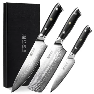PAUDIN Damastmesser Set, 3-teiliges Messerset aus umweltfreundlichem & nachhaltigem 67 Schichten VG10 Damaststahl mit G10 Griff - Küchenmesser, japanisches messer, und Allzweckmesser mit hoher Härte