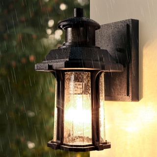 Lamomo Außenlampe mit Bewegungsmelder, 3 Beleuchtungsmodi Alumniumguss Außenleuchte, Wasserdichtes gesätes Glas E27 Schwarz Aussenlampe mit Glühbirne für Garten,Garage,Haus