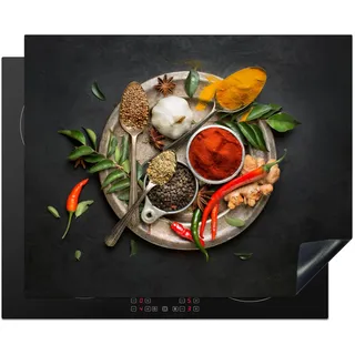 KitchenYeah© Herdabdeckplatte Einteilig Küche Ceranfeld Abdeckplatte Cerankochfeld Abdeckung Induktionskochfeld Schutzmatte Gewürze - Paprika - Löffel - Kräuter - Gemüse - 65x52 cm