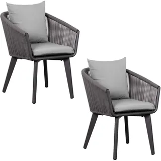 MR. DEKO® Diningsessel Cadiz 2er-Set Aluminium Rope | Gartenstuhl mit Armlehne 63x58x78 cm (BxTxH) | Alurahmen dunkelgrau und Rope-Geflecht grau | Stuhl mit Sitz- und Rückenkissen grau | Outdoormöbel