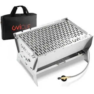 ovicue Grill groß L | Mobiler Steck-Gasgrill – Tragbarer Edelstahlgrill mit Stecksystem – Gas- & Holzkohlebetrieb – Inkl. Tragetasche – Perfekt für Camping, Balkon, Garten & Outdoor