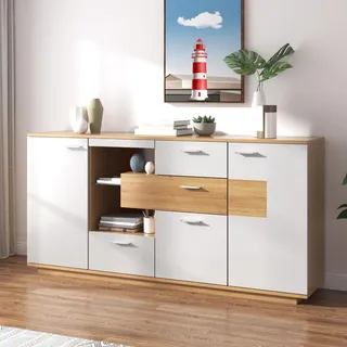 Merax Kommode Holz, Modernen Sideboard mit LED-Beleuchtung & Glasablage, Schrank mit 2 Türen & 4 Schubladen, für Wohnzimmer, Esszimmer & Schlafzimmer, 160x40x77 cm, Weiß & Holzfarbe