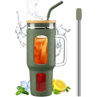 BLUEGO Tumbler becher mit Deckel und Strohhalmen, 1400ml Kaffeebecher To Go mit Henkel, Trinkbecher mit Silikonhülle, 1,4 L Tumbler becher mit 2 Strohhalmen, BPA-frei, Olive