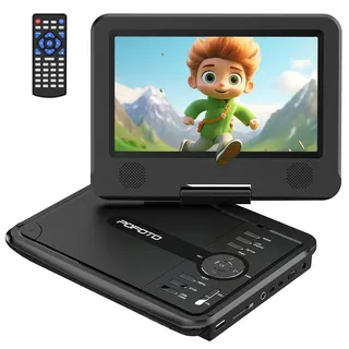 POFOTO 9,5" Tragbarer DVD Player mit 7,5" HD-Schwenkbaren Bildschirm, 4-6 Stunden Akkulaufzeit, DVD Player Auto mit Dual-Lautsprechern, Autoladegerät, Netzteil, Sync TV/USB/SD-Karte (Schwarz)