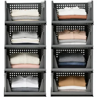 RMAN 8 Stück Kleiderschrank Organizer Stapelbar Schrank Organizer Stapelbar Plastik Regal Platzsparende Aufbewahrungsbox für Kleidung, Küchen, Schlafzimmer, Grau
