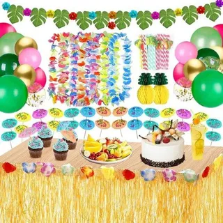 Famanu Hawaii Festdekoration Set - 118 Teile - Tischtücher, Ballons und Blumenketten