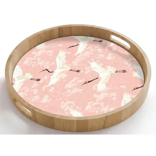 OnlyWow Tablett Rund mit Henkel Kranich - Blüte - Rosa, Eichenholz, (1-tlg), Servierbrett Groß, Tischdeko, Platte, Tisch Deko rosa 50 cm x 50 cm x 5 cm