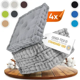 Gräfenstayn Sitzkissen 4er Set 40x40 cm mit 8 cm Polsterung aus 100 % Baumwolle -, robustes Sitzkissen für Indoor & Outdoor, bequemes Bodenkissen grau|weiß