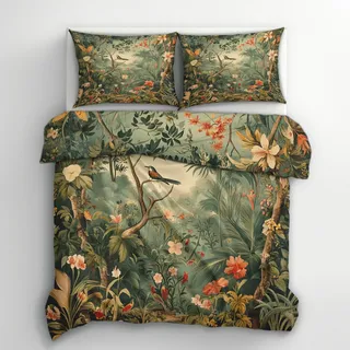 Generisch Sommer Bettwäsche 155x220 Dschungel Motiv - Vintage Bettbezug und 1 Kissenbezug 80x80, Weiche Bügelfreie Mikrofaser Deckenbezug 2er Set mit Reißverschluss, Wendebettwäsche & Deko N&-1160