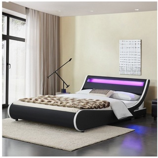 Juskys Polsterbett Valencia, 140 x 200 cm, Doppelbett mit Lattenrost, LED-Beleuchtung und Fernbedienung schwarz