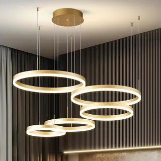 SHJNGMY Moderne Gold Ring Kronleuchter LED Kreis Geometrische Pendelleuchten 5 Ringe Deckenleuchten Hohe Decke Foyer Kronleuchter für Wohnzimmer Esszimmer Schlafzimmer