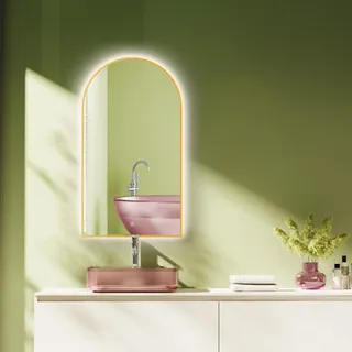 HOKO Bogen LED Badspiegel 60x100 cm / 100x60 cm Phoenix mit Goldener Metallrahmen, HOCH+QUER Montage. Arch Lichtspiegel+Touch Schalter+Licht Wechsel 2700-6500K, Warmweiß-Kaltweiß-Neutral