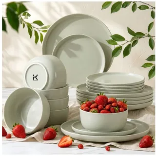 KONSIMO® Tafelservice VICTO Geschirrset hergestellt in der EU (18-tlg), 6 Personen, Steingut, matt, spülmaschinengeeignet, mikrowellengeeignet beige|grau|grün