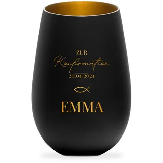 Geschenkfreude Windlicht mit Gravur personalisiert zur Konfirmation - 8,5x6,3x12cm - schwarz/Gold - Geschenke für die Konfirmation - personalisierte Teelichter - Deko mit Namen - Kerzenglas - Fisch