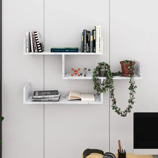 HOCUS PICUS | Wandregal mit 3 Ebenen | Modernes Holz-Bücherregal für Wohnzimmer, Schlafzimmer, Büro | 120x23x66 cm Weißer Marmor Effekt