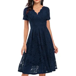 Graceyo Damen Spitzenkleid Abendkleid Hohe Taille Kurzarm V-Ausschnitt Cocktailkleid Vintage Retro A-Linie Festliche Party Ball Kleider Elegant Lässig Spitze Kleid Rockabilly Knielang - M