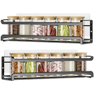 Sayudar Gewürzregal Wand Ohne Bohren im 2er-Set - Rostfrei & Stabil mit Fallschutz, Gewürzregal Kleben für Schranktür, Speisekammer & Fliesen, Wandregal Küche Schwarz aus Edelstahl, 29 x 7 x 7 cm