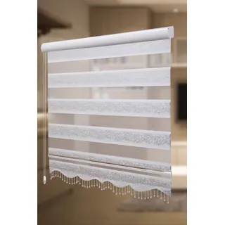 PlisseeOnline Doppelrollo Duorollo mit Alu Kassette und Motiv Rankenmuster und Perlen Blickdicht freihängend Zebra Perde mit Motiv Weiß Silber Glitzer Breite 120 cm Höhe 250 cm
