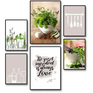 ARTLAND Premium Posterset 6er Set mehrteilig 2x A3 + 4x A4 6-teilig moderne Poster für Deko Bilderwand für Küche oder Esszimmer OHNE RAHMEN - Küchenkräuter & Küchenhelfer