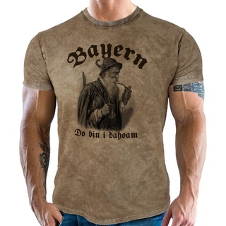 LOBO NEGRO® T-Shirt für Trachten Bayern Fans im Used Vintage Retro Look - Do bin i Dahoam braun 4XL
