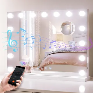 SONNI Hollywood Spiegel mit Bluetooth, Schminkspiegel mit 3 Farbtemperatur Licht 15 LED Lampens, Groß Kosmetikspiegel mit Touch Steuerung und Speicherfunktion der Helligkeit 58x45cm