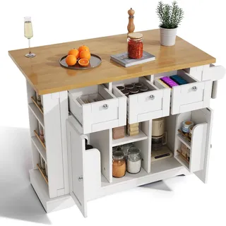 OKWISH Mobiler Küchentisch 132x70x87 cm im Landhausstil mit ausziehbarer Arbeitsfläche, Stauraum, Steckdose, USB, Handtuchhalter & 5 Rollen Natur + Weiß