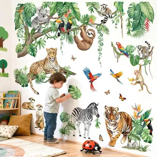 decalmile Wandsticker Safari Dschungel Tiere Wandtattoo Grüne Blätter(XL) | Abziehbare und Aufklebbare Wandaufkleber, DIY Abnehmbare Wandkunst Abziehbilder, Wandfreundlich, Leuchtenden Farben