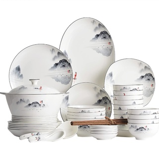 Wyxy 60-teiliges Geschirr, Fine Bone China Porzellan Dinner Set für 12 Personen, Luxus Style Jingdezhen High-End Bone China LandschaftsmusterEssgeschirr Set