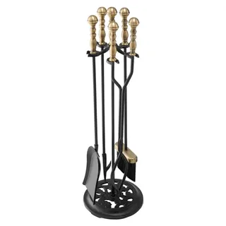 Vevor Kaminbesteck-Set 5-teilig Schmiedeeisen inkl. Zange, Ascheschaufel, Bürste, Schürhaken Schwarz/Messing