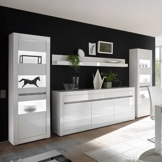 Design Wohnwand in Weiß Hochglanz und Beton Grau Sideboard (vierteilig)