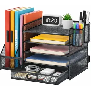 Lukana Schreibtisch Organizer mit 5 Ablagen – Briefablage, Stiftehalter & Schublade – Büro Organizer aus Metall Mesh – Dokumentenablage A4 – Platzsparend Schwarz
