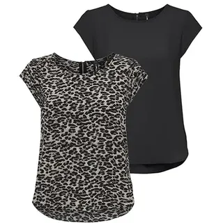ONLY Damen ONLVIC S/S Solid 2 Pack Top, Kurzarm, Black/Pumice Stone/Leo Print, 34 - 34