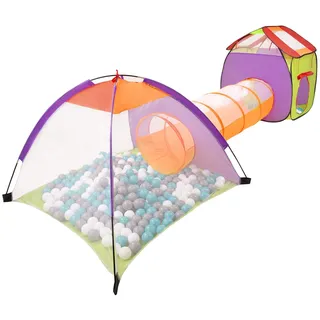 SELONIS 3In1 Spielzelt Mit Tunnel Spielplatz Popup Bällebad Mit 200 Bälle Für Kinder, Mehrfarbig:Grau/Weiß/Türkis