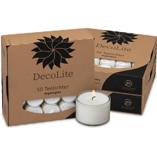 DecoLite: 50-500 Teelichter Nightlights in transparenter Hülle | 8 Stunden Brenndauer | 100% made in Germany | RAL Geprüft | höchste Qualität | Kerzen in Durchsichtigem Behälter (150)