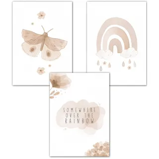 Lemmami Papeterie 3er Set Boho Deko Wandbilder Kinderzimmer Babyzimmer Poster Bilder Mädchen Jungen (Waldtiere Tiere Regenbogen Schmetterling)