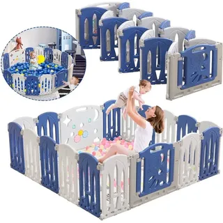 Aufun - Laufstall Baby Faltbar, Laufgitter mit Tür und Spielzeugboard, 14 Panel Blu+Weiß Baby Absperrgitter, Krabbelgitter Kunststoff(14 Stück)