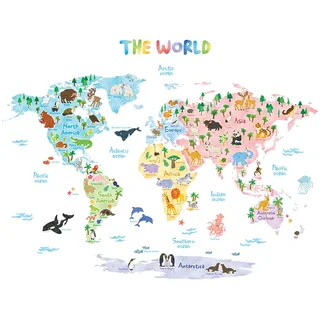 Decowall DLT-1615 Weltkarte Tierweltkarte Tiere Wandtattoo Wandsticker Wandaufkleber Wanddeko für Wohnzimmer Schlafzimmer Kinderzimmer (Extra Groß) (Englisch Ver.)