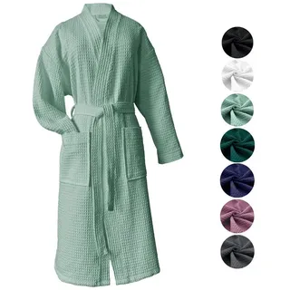 heimtexland Bademantel Reisebademantel Saunamantel Waffelpique Bademantel, Midilänge, Baumwolle, 2 Taschen I Bindegürtel, Gürtel, leicht I atmungsaktiv I kleines Packmaß I 100% Baumwolle grün XL