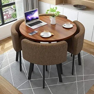 Rundes Esstisch-Set mit 4 Stühlen, Tische und Stühle für kleine Büro- und Konferenzräume, Moderne Freizeit-Esszimmermöbel für Küche, Lounge und Wohnzimmer (80 cm, braun)