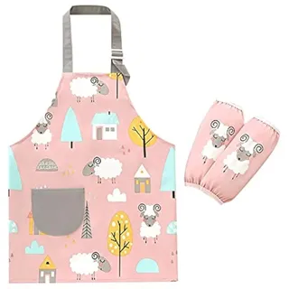 JZK Einstellbare wasserdichte Kinderschürze und Ärmelset, rosa Kinderküchenschürze mit Tasche für Mädchen zum Kochen, Backen, Malen, Gartenschürze