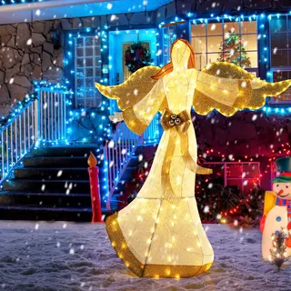 GOPLUS 160cm großer LED Engel, beleuchteter Weihnachtsengel warmweiß mit 180 LED-Lichtern, Weihnachtsbeleuchtung Figur Engel mit Heiligenschein & Schleife für Außen Innen Weihnachten Dekoration