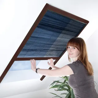 Fliegengitter Plissee für Dachfenster bis max. 150 x 177 cm - Insektenschutz - Dachfensterplissee - 160 x 180 cm | brauner Rahmen