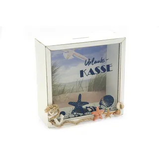 Spardose - Urlaubskasse - Sparbüchse Urlaub Reisekasse Sparschwein Geldgeschenk aus Holz mit sommerlichen Hintergrund 15 * 15 * 6cm