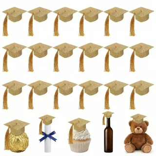 PRETYZOOM 24 Stück Mini Bachelor Hüte, Glitzerpapier Abschluss Hut mit goldfarbenen Quasten, Kleiner Graduation Cap Weinflaschenverschluss für Champagnergläser & Kuchen, Graduation Deko