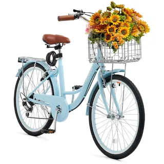 VEVOR Cruiser Fahrrad mit 1-7 Gängen (Reifendurchmesser 61 cm) Beach Fahrrad mit großem Korb & Gepäckträger, Cruiser-Fahrrad mit verstellbarem Sitz, für Radfahren & Trainieren & Einkaufen